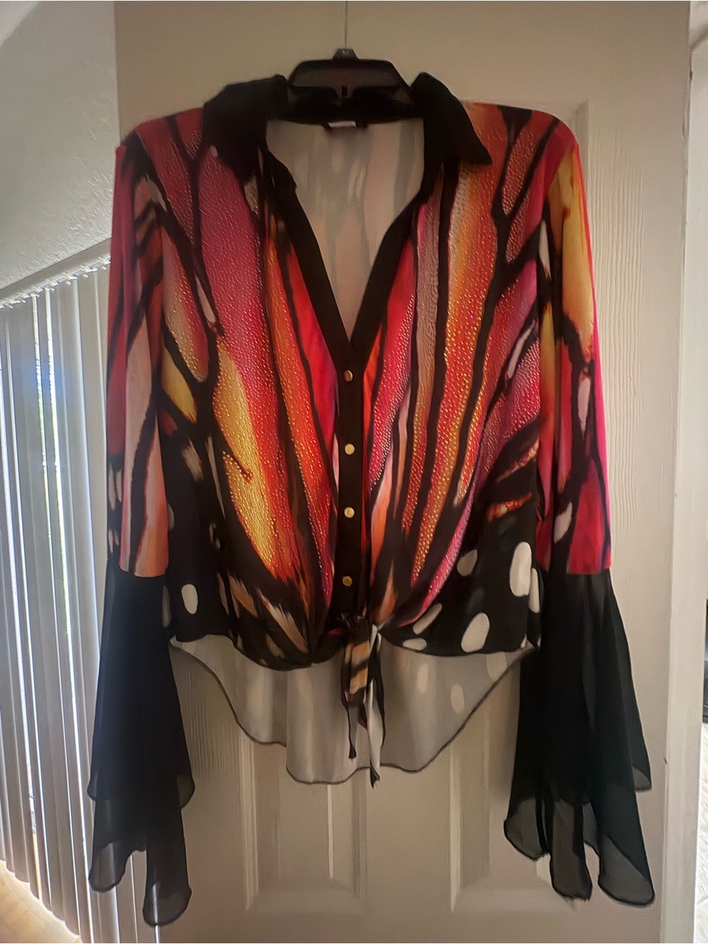 VENUS Sheer Tie-Front Button Down Blouse - Black, Red & Yellow